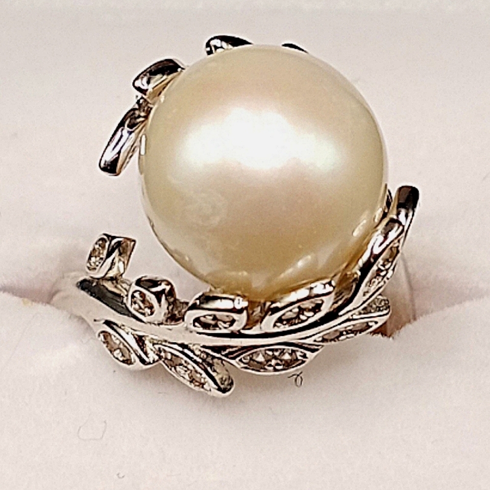 Rhodium over Sterling 12-13MM White Edison Pearl & White Zircon Ring